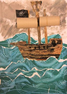 Pirate Ships in Stormy Seas: Painted Paper Texture Collage 
